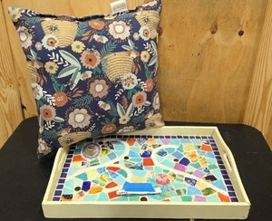 lot 156 image: Decorative pillow, and hand painted, and tiled tray