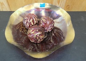 lot 177 image: Large decorative glass bowl and 3 wood painted balls