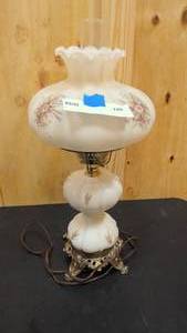 lot 180 image: Vintage Fenton Custar Satin hand painted hurrican lamp