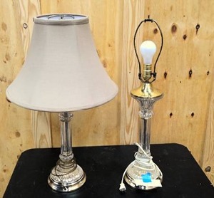 lot 181 image: Pair of vintage brass table lamps (one missing shade)