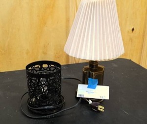lot 182 image: One small lamp with shade, and one small metal lattern