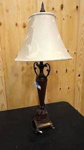 lot 183 image: Solid leather, and metal floor lamp with decorative shade 36 tall
