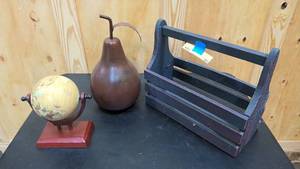 lot 193 image: Rustic living dcor  small wooden globe, large painted metal pear, and rustic wooden box with handle
