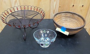 lot 195 image: Decorative metal serving basket, decorative glass bowl, and bamboo bowl