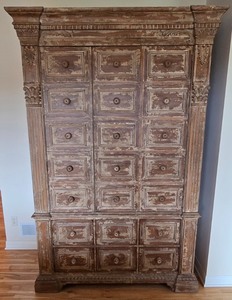 lot 1K image: K - Tall Antique-Style Wood Cabinet with Distressed Finish, Multiple Drawers, Shelves and Electrical Connection
