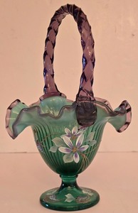 lot 22K image: P - Fenton Signed Hand Painted New Century Collection Art Glass Basket 10.5in