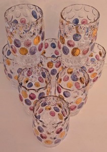 lot 23K image: P - Polka Dot Colored Glass Pitcher and 8 Tumblers Set  Borsk Sklo - Nemo by Max Kannegiesser Pattern  Czech Bohemian Art Glass Countess Collection  Pitcher and Glasses  Coin Dots Gold Mauve Periwinkle
