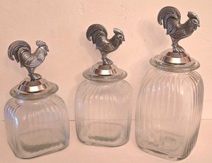 lot 25K image: P - Set of 3 Glass Canisters with Pewter Rooster Lids