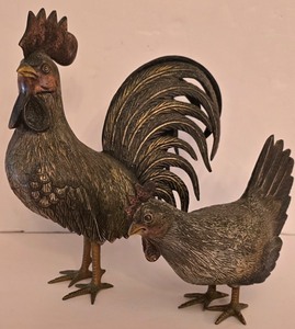 lot 26K image: P - Pair of Cast Metal Rooster and Hen Decorative Figurines