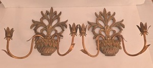 lot 30K image: P - Pair of Ornate Gold-Tone Wall Sconces with Decorative Leaf Design