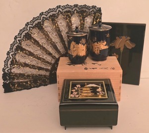 lot 33K image: P - Japanese Lacquer Jewelry Box, Porcelain Covered Cups, and Decorative Fan Set