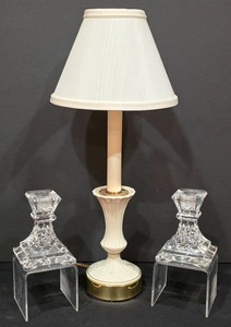 lot 34K image: P - Lenox Table Lamp with Shade and Pair of Waterford Lismore 4 Inch Crystal Candle Holders