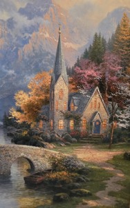 lot 38K image: BR2 - Framed Thomas Kinkaid Artwork Featuring Church by Mountain Stream