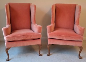 lot 39K image: BR2 - Pair of Vintage Southwood Peach Wingback Chairs with Queen Anne Legs