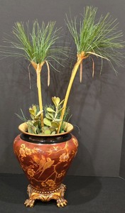 lot 41K image: ML-BR2 - Urn Style Porcelain Vase with Decorative Resin Base and Faux Plant Arrangement