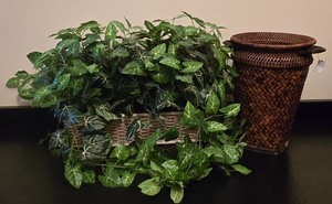 lot 80K image: Artificial Ivy Plant in Wicker Basket with Decorative Tall Woven Planter