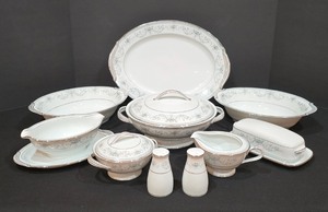 lot 88K image: P - Noritake 6107 Colburn China Serving Set with Platter, Bowls, Gravy Boat, and Accessories