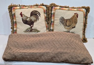 lot 101K image: K - Taupe King Coverlet and Pair of Like New 18.5 Rooster Pillows