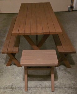 lot 106K image: G - Wood Picnic Table with 2 Benches and Small Bench