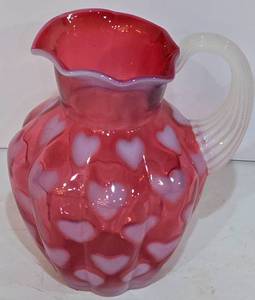 lot 31K image: P - Vintage Fenton Glass Cranberry Opalescent Heart Optic Melon Pitcher