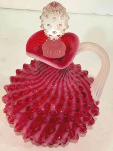 lot 32K image: P - Vintage Fenton Cranberry Opalescent Hobnail Glass Cruet with Stopper