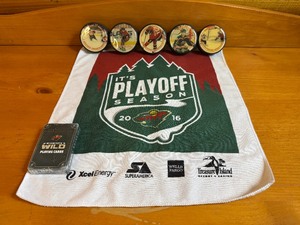 lot 28 image: Minnesota Wild Collector Lot - Five Pucks, 2016 Playoff Hanky, Playing Cards
