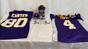lot 54 image: MN Vikings Memorabilia - Topps Signature Class Chris Carter and Adrian Peterson Cards, Collector Cup, Childrens Jerseys, Mini Helmet