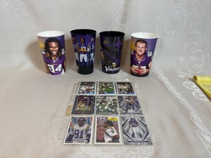 lot 56 image: MN Viking Trading Cards (Qty 9) and New 320z Souvenir Soda Cups (Qty 4)