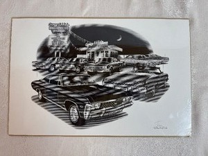 lot 108 image: 1960s Chevrolet Auto Art Print - Black and White Hand Signed by Thom San Soucie
