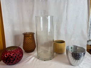 lot 250 image: Crystalery Glass Pot, Diamond Star Glass Vase, Vintage Indiana Glass Amber Diamond Pattern Vase, Gold Ceramic Planter and Metal Planter