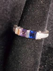 lot 53 image: Modern Purple Tanzanite and Blue Sapphire Ring with Baguette Diamonds Sterling Silver - Size 8