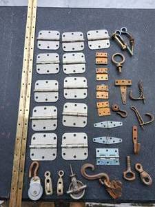 lot 78 image: 11 Heavy Duty Hinges- 8 Misc Hinges- 5 Vintage Pulleys- 1 - 3 foot Hinge- Other Vintage Hardware
