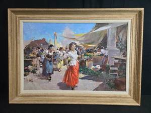 lot 14 image: Framed Signed Canvas Print of Women in Village Market by Vizkeleti Witman