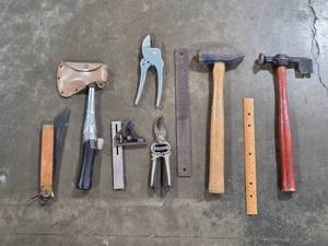 lot 20 image: Lot of Hand Tools Including Hammers, Pruners, File, and Measuring Tools