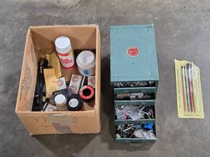 lot 21 image: Vintage Wards Master Quality Metal Parts Cabinet with Hardware, Art Supplies and Brushes