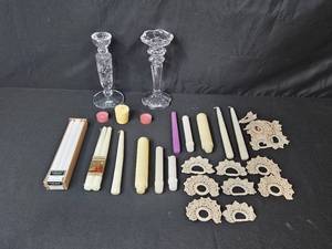 lot 25 image: Collection of Crystal Candle Holders, Taper Candles, and Vintage Crochet Napkin Rings