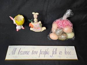 lot 26 image: Easter Decor Lot with Bunny Figurines, Decorative Eggs, and MDF Plaque