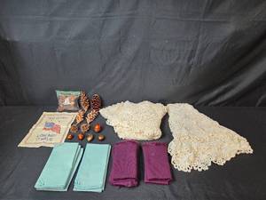 lot 32 image: VTG Embroidered Flag Sampler & Home Decor and Linen Lot Doilies, Napkins, Pine Cones, Fall Accents