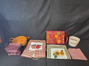 lot 39 image: Household Organizer Lot with Longaberger Basket, Totes, Table Runners, and Storage Bins