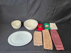 lot 40 image: Pottery Barn Platter, Mason Cash Mixing Bowls and Assorted Hand Towels Set