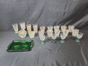 lot 67 image: Collection of Vintage Pressed Glassware Goblets, Tumblers, and Green Serving Tray