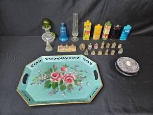 lot 68 image: Collection of Vintage Perfume Bottles, Talc Tins, and Pilgrim Art Hand Decorated Tole Tray