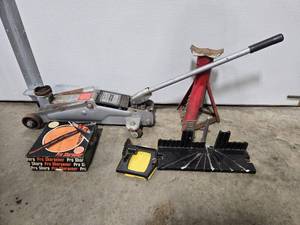 lot 75 image: Automotive Shop Tool Lot Pro-Lift 4000 lb Floor Jack, Jack Stand, Pro Sharpener, Miter Box