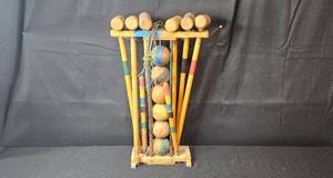 lot 83 image: Vintage Wooden Croquet Set with Stand and Balls