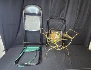 lot 86 image: Collection of Folding Chairs, Sportsmans Choice Stool, and Vintage Metal Magazine Rack