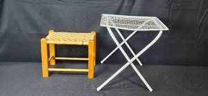 lot 95 image: Wooden Woven Stool and Metal Folding Side Table Set