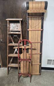 lot 98 image: Vintage Sears Toboggan, Wooden Sled, and Step Ladder Set