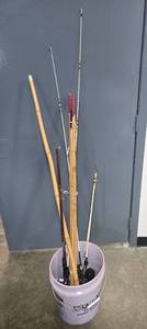 lot 101 image: Collection of Vintage and Modern Fishing Rods with Reels in Bucket