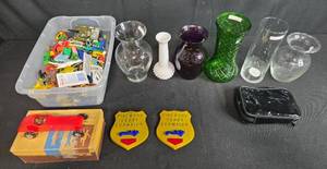 lot 129 image: Mixed Lot of Vintage Pinewood Derby Plaques, Glass Vases, Toy Figures, and Collectibles