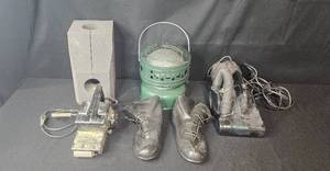 lot 143 image: Collection Coleman 5000 BTU Heater, Sears Craftsman 3 Inch Belt Sander, Boots, Speaker Foam Inserts, and Electronics